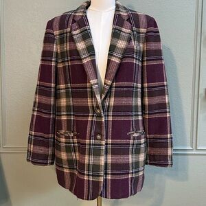 90s Vintage White Stag Wool Blend Plaid Blazer - Ladies 14